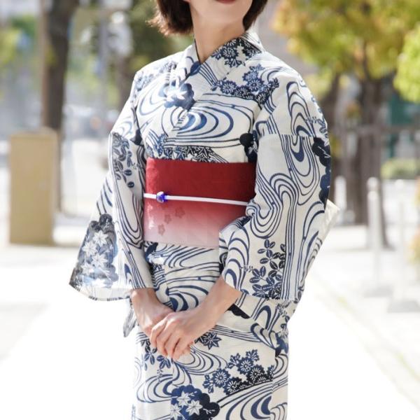 綿絽浴衣 単品 流水 オフ白 レディース 30代 40代 50代 女性用
