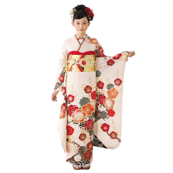 振袖 フルセット ブランド BLOOM 正絹 アイボリー 古典柄 紅白梅 購入