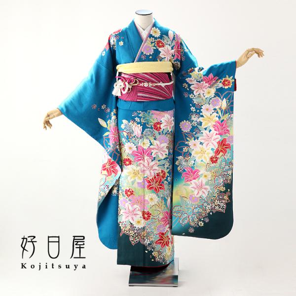 振袖レンタルフルセット正絹着物結婚式成人式身長155-170cm 青bl-025