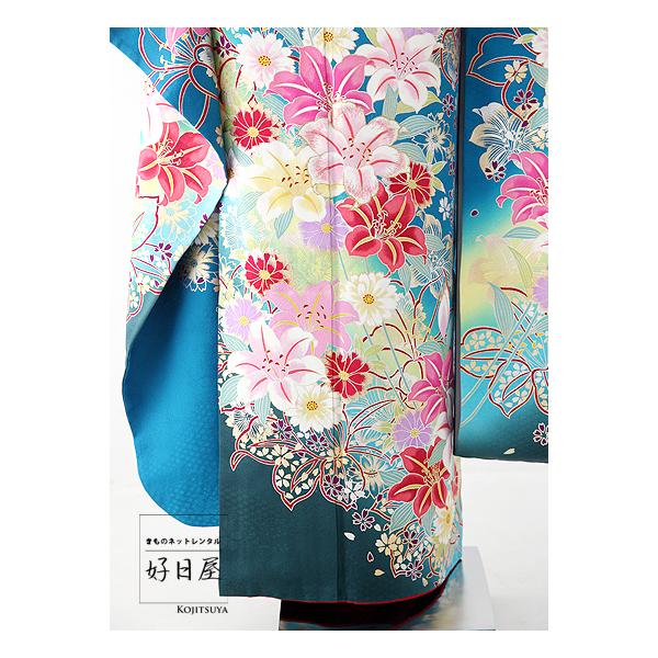 振袖レンタルフルセット正絹着物結婚式成人式身長155-170cm 青bl-025