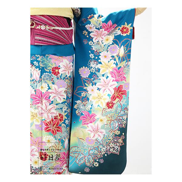 振袖レンタルフルセット正絹着物結婚式成人式身長155-170cm 青bl-025