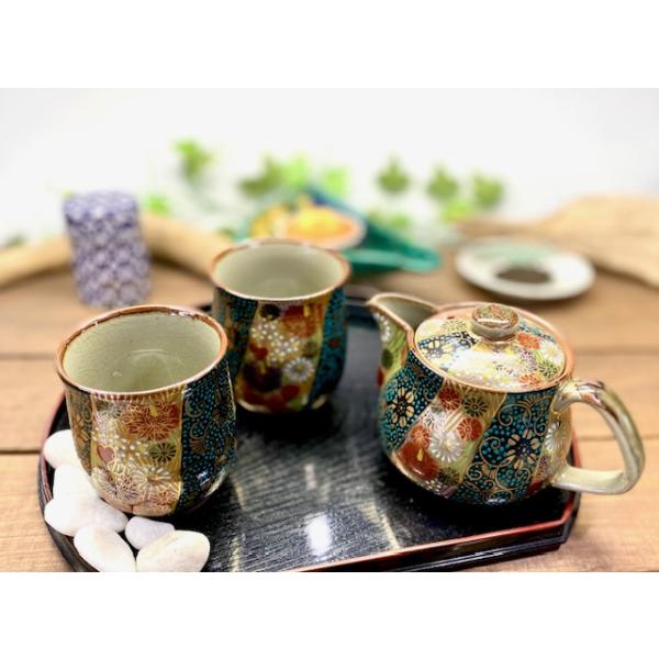 九谷焼 急須3点セット 小 青粒 金花詰(傑作) 裏絵 おしゃれ 茶器