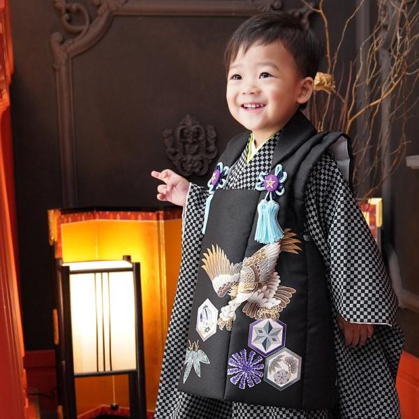 被布 七五三 男の子 3歳 着物セット 黒 無地 襦袢 ブラック 下駄 男の子 3歳 着物 三歳 被布セット 被布 キッズ 753 市松 格子 星