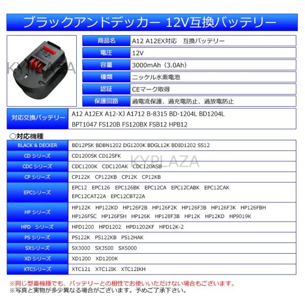 2台セット-- BLACK + DECKER ブラックアンドデッカー A12 A12EX A1712 対応 12V 互換バッテリー ニッケル水素 12V  3000mAh 3.0Ah 工具用バッテリー 1年保証 /【Buyee】 Buyee - Japanese Proxy Service | Buy  from Japan!