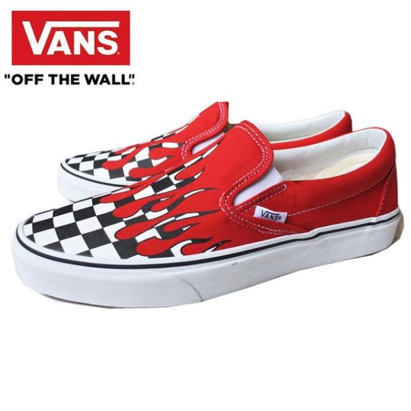 Vans classic slip on racing red checkerboard clearance flame