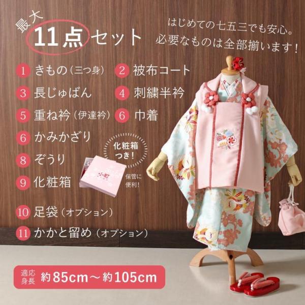 七五三 着物 3歳 被布セット 女児 梅に鶴 水色 ピンク 三つ身着物