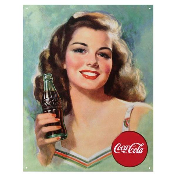 C3 ブリキ看板 Coca-Cola コカコーラ コーラを片手に微笑む女性 油絵風