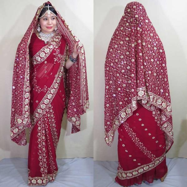 インドサリー豪華な刺繍ピンクシフォン民族衣装