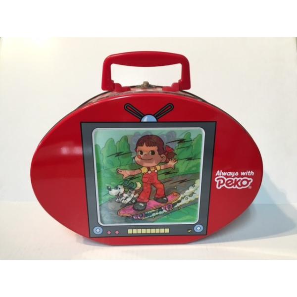 ◎不二家ペコちゃん 3Dシール付きブリキ缶 赤色 Always with