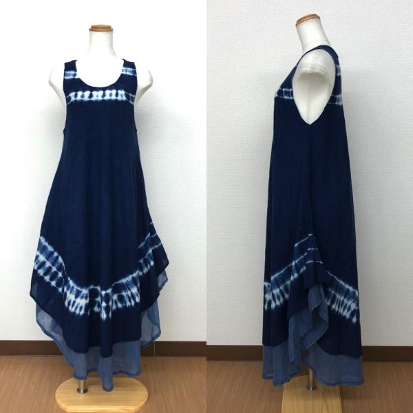 エスニックブルー 蝋纈染め 手染め 刺し子 ノースリーブワンピース