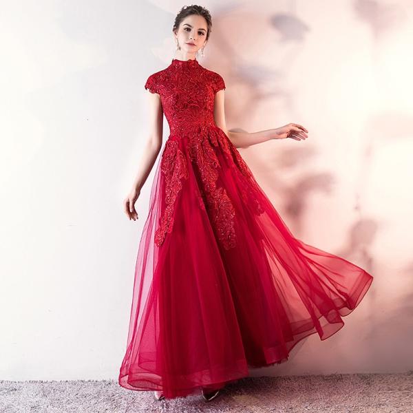 カラードレス 安い ロングドレス 赤 イブニングドレス 花嫁 パーティー