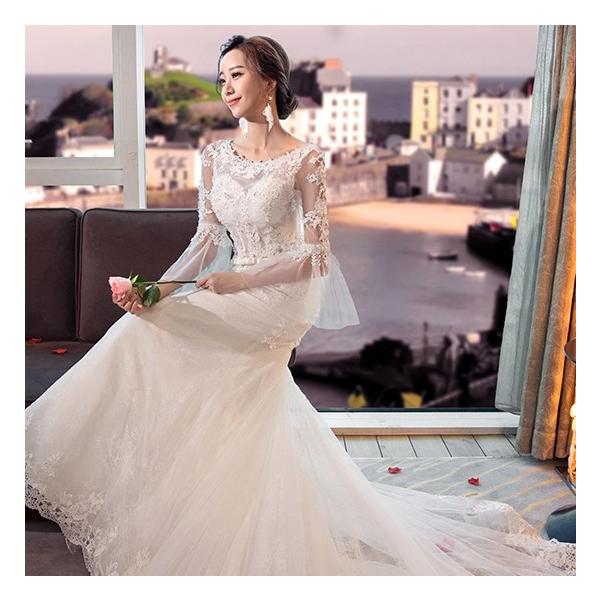 ウェディングドレス Vネック マーメイド ロングトレーン 二次会