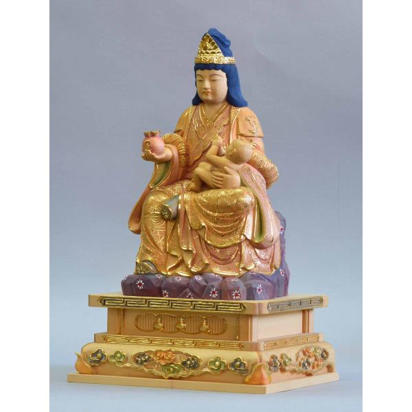 【フォロー割・新品】 子安鬼子母神　木地彫り　下台付　総高さ約13cm　鬼子母神 木彫り仏像 柘植【中山鬼子母神立像】 立3.5寸 総高約17cm : 海
