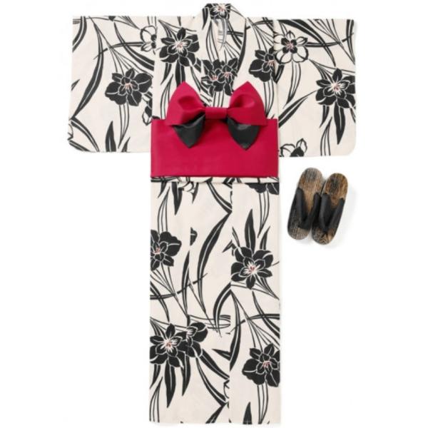 レディース　浴衣　帯　髪飾り　7点セット　花火柄　黒　花　赤　白 赤・白・黒 花柄 浴衣・帯セット レディース 浴衣 帯 髪飾り 7点セット