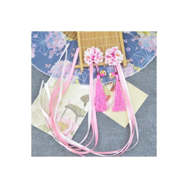 髪飾り 淡い色味の花飾り 手毬風のチャーム ロングリボン付き クリップタイプ 2個セット (ピンク)