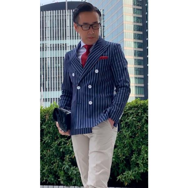 メンズ春夏ダブルジャケット ネイビーストライプ 40代 50代 タイト