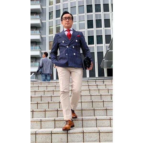 メンズ春夏ダブルジャケット ネイビーストライプ 40代 50代 タイト