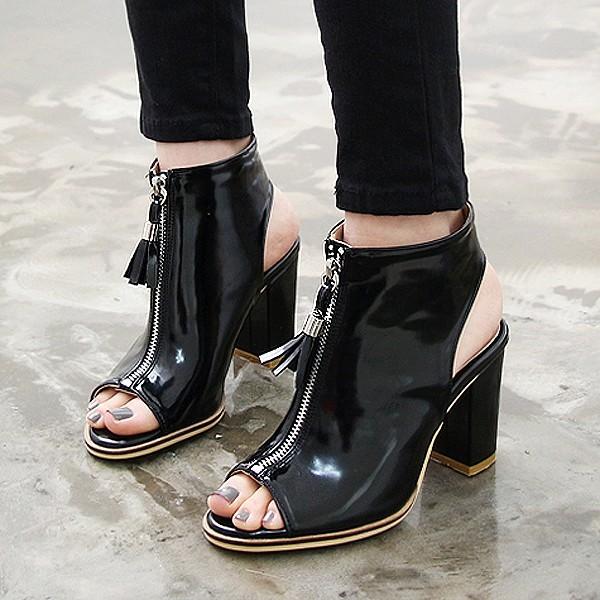 ショートブーツ オープントゥ ジッパー 太ヒール チャンキー