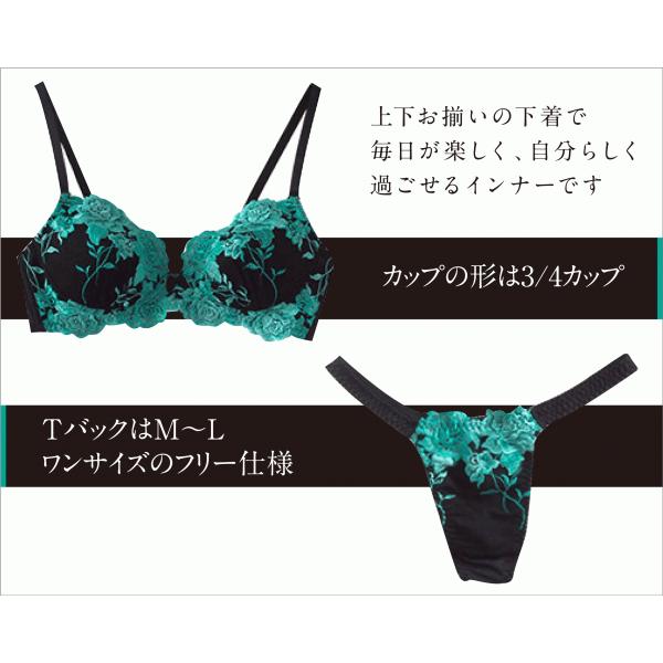 シャルレ＊パレッティ＊限定＊ブラC80＆ショーツＬ＊ピーコックグリーン 豪華花柄レース ノンワイヤー メンズブラジャー&Tバック ショーツ