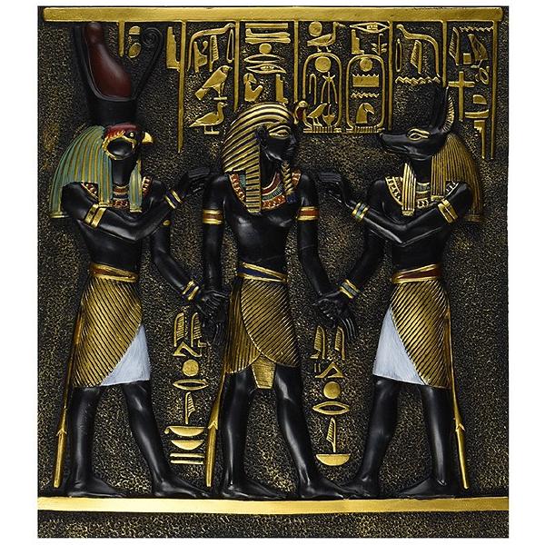 【連休値下】アヌビス ラムセス 3体セット Egypt Statue 古代エジプト彫刻 ホルス神 とアヌビス神の間に立つラムセス1世の壁画
