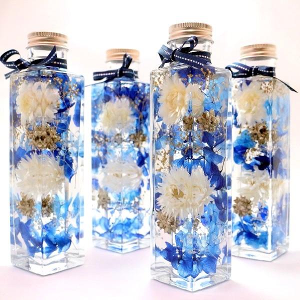 フラワーハーバリウム 聖なる冬の夜空ホワイトブルーアレンジ 四角瓶M