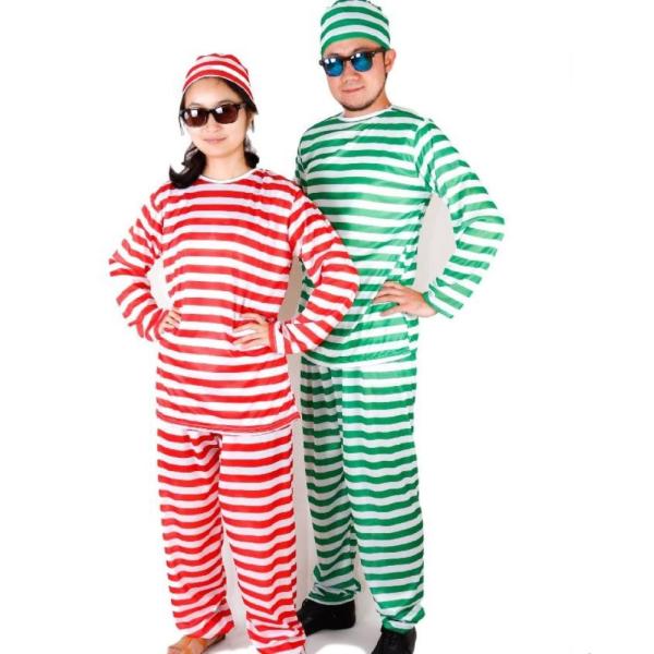囚人服 緑 10着 ハロウィン グリーン 囚人 帽子 囚人シール付 囚人服 ボーダー 赤 緑 コスプレ コスチューム 衣装 ハロウィン
