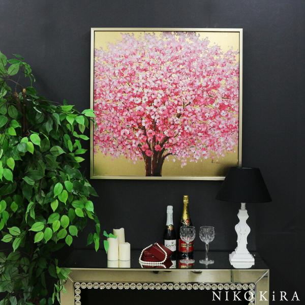 油絵　春　桜　金縁　額縁 油絵 春 桜 金縁 額縁 春色◎日本の色彩【桜色に染まる金の太陽