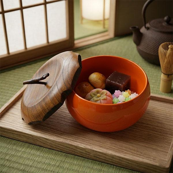 菓子器木製漆器柿漆塗り蓋付き菓子鉢菓子入れボンボン入れ鉢かわいい