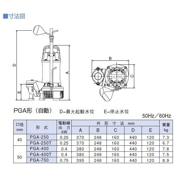 寺田ポンプ 水中ポンプ 自動形 汚水用 排水ポンプ PGA-250 PGA-250T 100V 200V