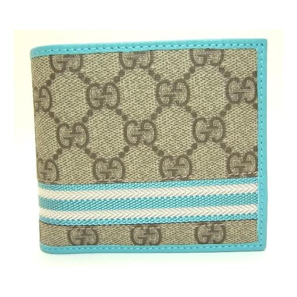 GUCCI グッチ メンズ 二つ折り 財布 GGプラス×レザー カーキ×水色
