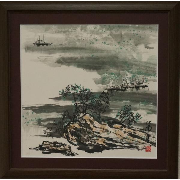 肉筆水墨画 山水画 額装 大河に舟 no12 博化南作 /【Buyee】