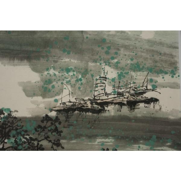 肉筆水墨画 山水画 額装 大河に舟 no12 博化南作 /【Buyee】
