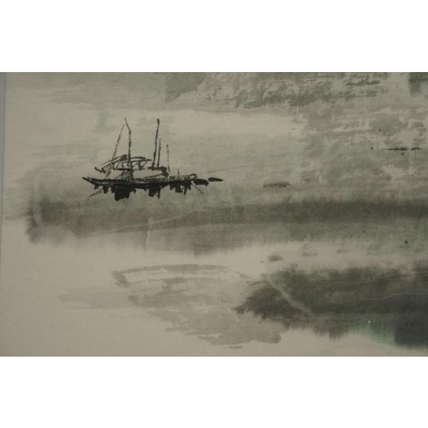 肉筆水墨画 山水画 額装 大河に舟 no12 博化南作 /【Buyee】