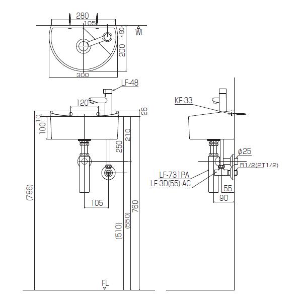 オシャレなボトルトラップの付いた狭小手洗器 LIXIL・INAX AWL-33(B