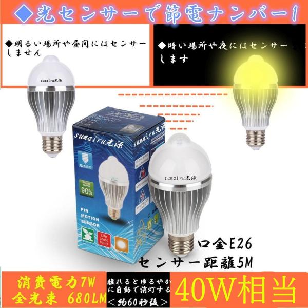 LED電球E26 7W ひとセンサー自動点灯光センサー＋ 人感センサーLED電球7W 電球色40W相当680lm 口金E26 /【Buyee】