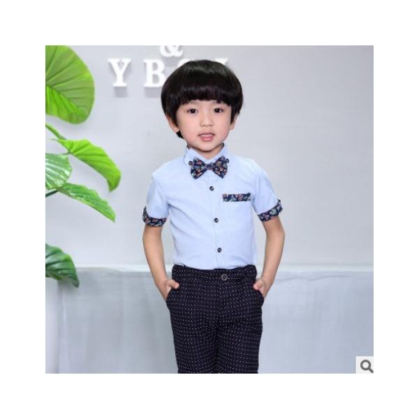 男の子 半袖シャツ 子供服 キッズ フォーマルシャツ 白 ブルー 蝶