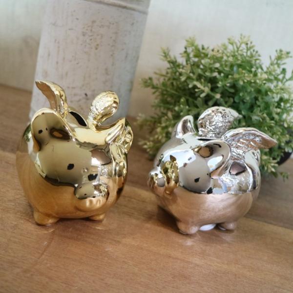 陶磁器 貯金箱 豚 ブタ ピッグ ゴールド/シルバー セラミック 縁起物