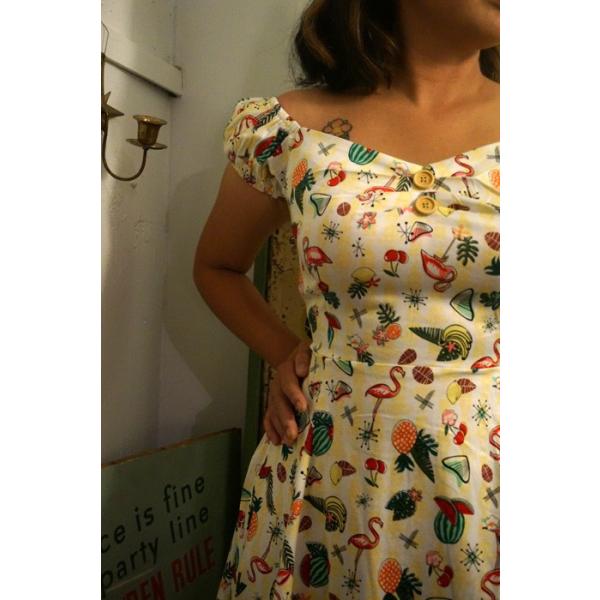 50s フラミンゴ柄ワンピース ロカビリーサーキュラーワンピース
