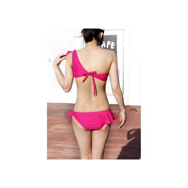 ■新品■PINK(ピンク)シャインショルダーラッフルビキニセット XSorS NEWコンセプト斜めショルダービキニ3点セット水着 (ピンク