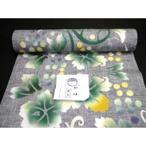 竺仙浴衣反物 綿紬グレー地「蔓葡萄」の柄 紬ゆかた 緑 山吹 白 葡萄