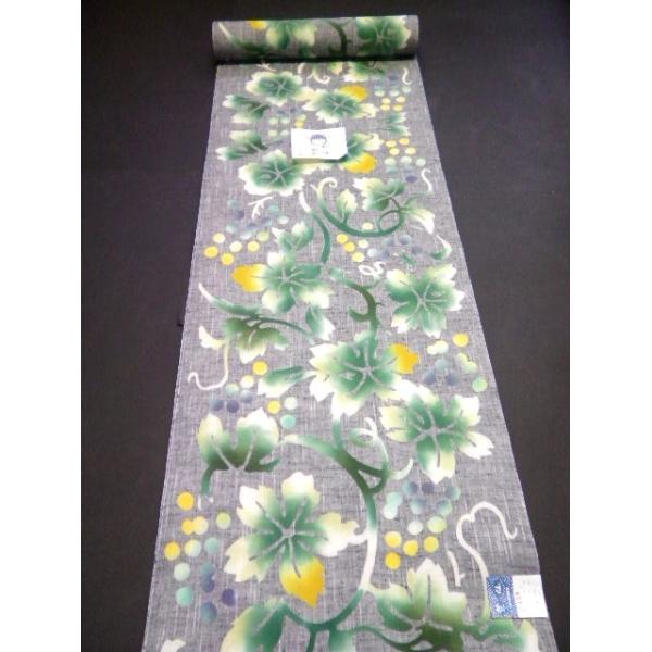 竺仙浴衣反物 綿紬グレー地「蔓葡萄」の柄 紬ゆかた 緑 山吹 白 葡萄