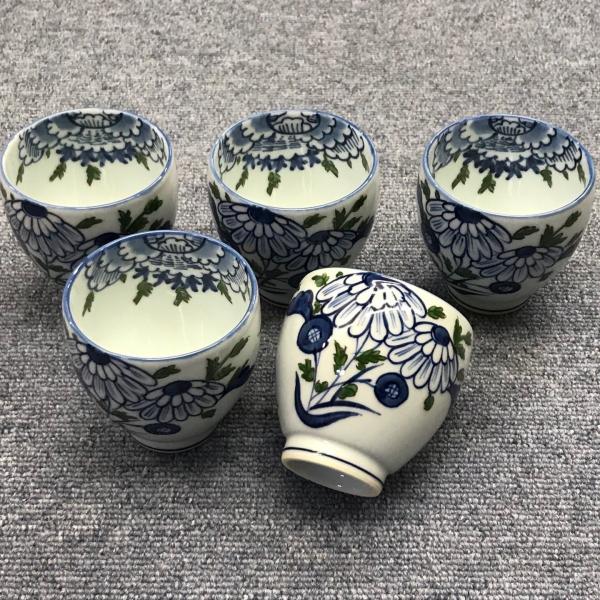 源右衛門窯 染錦 手造り 絵変わり 湯呑 蕎麦猪口 やむ 5客組