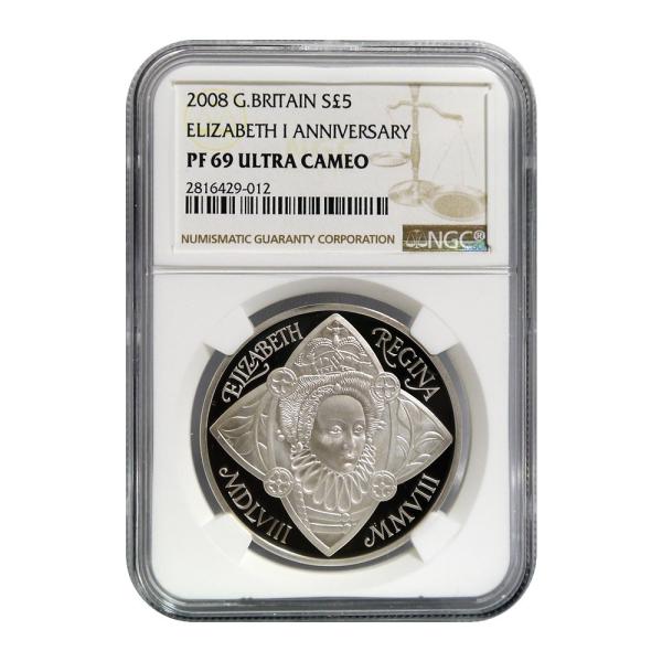 2008年 イギリス エリザベス1世 即位450周年記念 5ポンド銀貨 NGC鑑定 ...