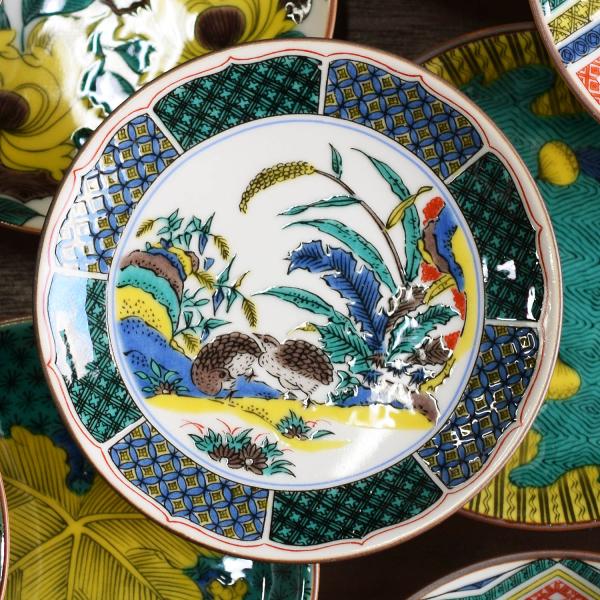 九谷焼 鶉草花文皿 飾り皿 角福 九谷焼飾皿 良好品 c21113 お皿 おしゃれ 九谷焼 名品 豆皿 古九谷色絵鶉草花図 陶器 小皿 取り皿