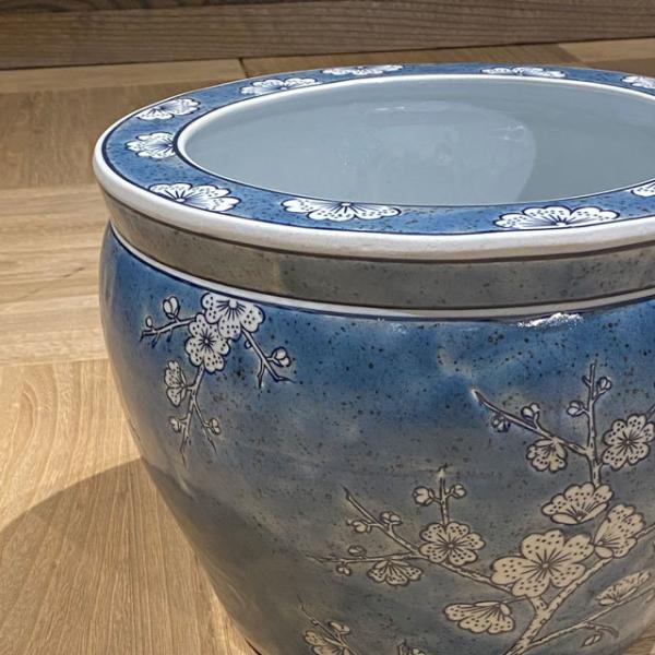 セール中✨中国工芸　染付青花磁器　花鳥水鉢（ 大）睡蓮鉢　花丸型　う セール中✨中国工芸染付青花磁器花鳥水鉢（ 大）睡蓮鉢花丸型う