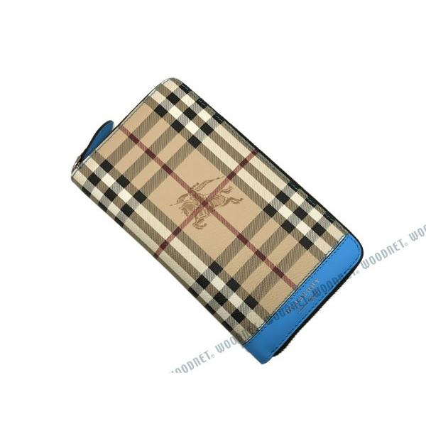 BURBERRY バーバリー チェック＆レザー ジップアラウンド長財布 ブルー 