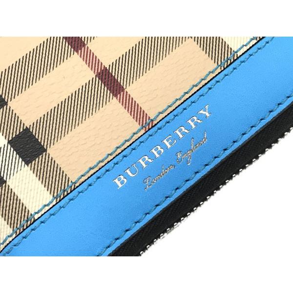BURBERRY バーバリー チェック＆レザー ジップアラウンド長財布 ブルー