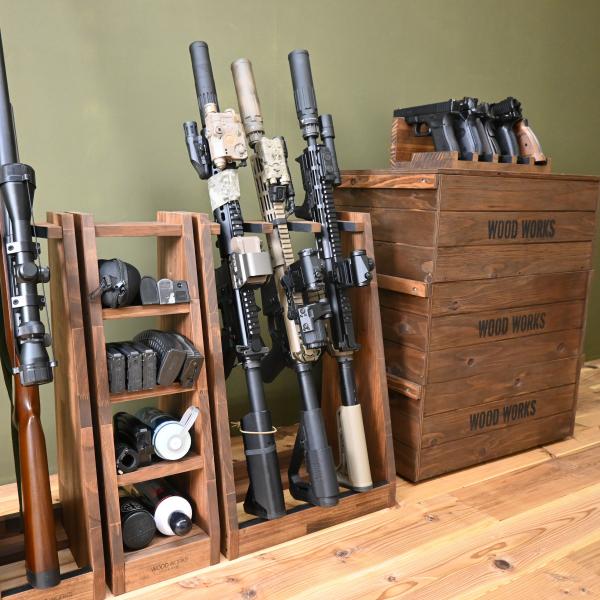 WOODWORKS ガンラック3丁掛(色：ブラウン) 木製日本製【 ライフル