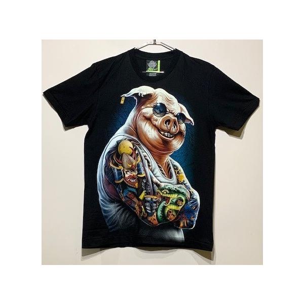 送料無料】 彫り物ブタ 悪豚 両面プリント Tシャツ 男女兼用 おもしろ 