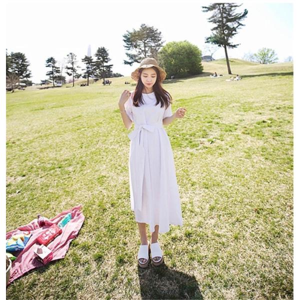 森ガールワンピース 夏ワンピース 白 ホワイト ブルー ミモレ丈